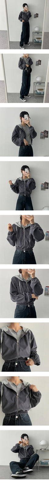 ビーズバンディングカラーリブフードジップアップ / Beads banding color ribbed hood zip-up