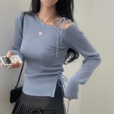 [Bomberjeon!/Goddess complete] Slim Belle One Shoulder Ribbon Ribbon Side Shirring Knitwear - 4 colors