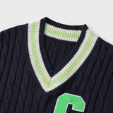 ライトグリーンCパッチvネックニットベストユニセックス / Light Green C Patch V-neck Navy Knitwear Vest