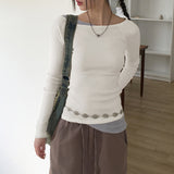 Chiss shirring layered diagonal off-shoulder long sleeve t-shirt