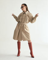 W.BELTED LEATHER SHIRRING COAT - CREAM BEIGE (6636057985142)