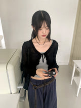 Lityu Trans-season frill strap see-through long-sleeved cardigan