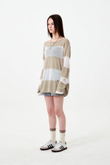SEE THROUGH BLOCK LONG SLEEVE KNIT [BEIGE]