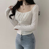 Langbang Hook Ribbon Shirring Semi-Cropped Long-Sleeved T-Shirt (3 colors)