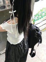 ロマンティックラブリーリボンチョーカーフリルリブドTシャツ