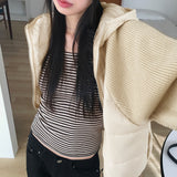 Liren ストライプ スリム フィット ラウンド クロップ ロング スリーブ T シャツ