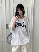 Anki boxy mesh lettering wappen uniform V-neck short-sleeved T-shirt