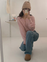 メンションナッピングライトブルーワイドウィンターデニムパンツ / Mention napping light blue wide winter denim pants