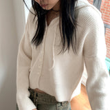 Laini button crop long sleeve hoodie knit cardigan