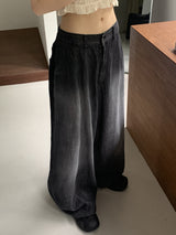 Bupin summer fabric back-banding balloon Vintage washing long wide denim pants