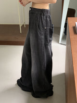 Bupin summer fabric back-banding balloon Vintage washing long wide denim pants