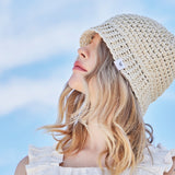 Monogram label knit punching summer bucket hat Cream