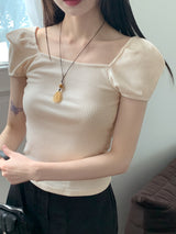 レクトリブドパフスクエアネック半袖Tシャツ / Recto Ribbed Puff Square Neck Short Sleeve T-shirt
