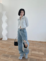 オルモストリブカラークロップジップアップ/Ulmost Rib Collar Crop Zip Up (4color)
