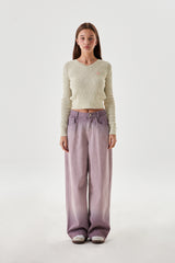 SMALL CHERRY V-NECK CABLE CROP KNIT [OATMEAL]
