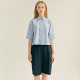ストライプリンクルポケットクロップシャツ / Stripe Wrinkle Pocket Crop Shirt (Light blue)