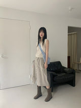 Carvil button ribbon shirring slit half length midi skirt