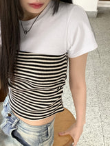 Sie Stripe Shirring Tube Top Set All-in-One Crop Short-Sleeved T-Shirt