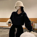 【Belied madeウール起毛バージョン】リボン無地Vネック起毛クロップドスウェットシャツ