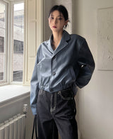 （UNISEX）グリッツボタンクロップレザーブルゾン