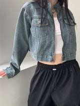 ピバーツノーカラーツーウェイジップクロップドデニムジャケット/ Peeverts no-collar two-way zip cropped denim jacket
