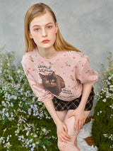 フラワーキャットレタリングスウェットシャツ / Flower Cat Lettering Sweatshirt (Pink)