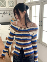 Liche Y2K Stripe Collar Two-Way Knitwear Off-Shoulder Zip-Up Cardigan