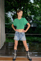 DAMAGE DENIM SHORTS (BLUE)