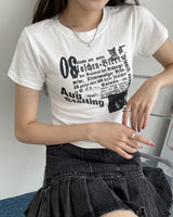 キャットビンテージプリントクロップショートスリーブTシャツ