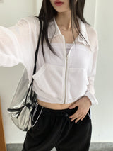 ピロウビーチウェアシースルーリネンニット長袖ジップアップ / Pillow Beachwear See-through Linen Knit Long Sleeve Zip-up