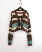 Rules angora fur color combination striped knit cardigan