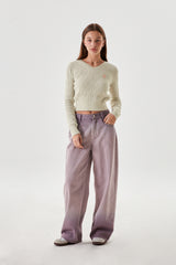 SMALL CHERRY V-NECK CABLE CROP KNIT [OATMEAL]