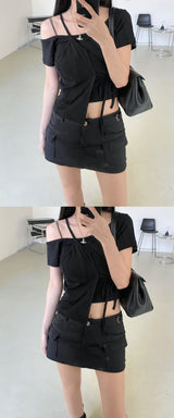 cargo low waist mini skirt (2color)