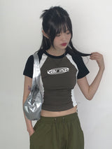 Nicyu Raglan Side Shirring String Lettering Cropped Short-Sleeved T-Shirt