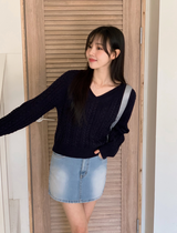WT Cable V-neck Crop Knit (6color)