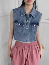 Lamento Denim Collar Pocket Cropped Vest