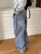 ソーンストリングウォッシングロングワイドデニムパンツ