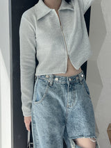 オルモストリブカラークロップジップアップ/Ulmost Rib Collar Crop Zip Up (4color)