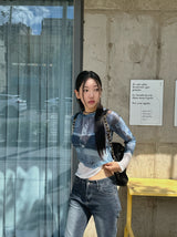 デニムシースルー長袖トップ