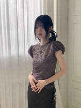 Pere See-Through Flower Puff Short-Sleeved T-Shirt