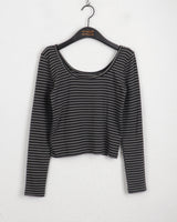 GtelヴィンテージストライプディープUネック長袖Tシャツ