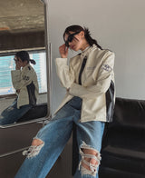 (UNISEX) ナイン 配色 レーシング レザージャケット