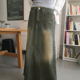 Yat Cat Sand Washed Maxi Denim Long Skirt