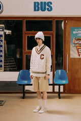 ブラウンCワッペン ミントラインVネックニット・アイボリー［ユニセックス］/ Brown C Patch Mint Line Ivory Unisex V-Neck 
