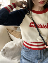 チェリーレタリング配色ナグランニットTシャツ / Cherish Lettering Color Matching Nagrang Knit T-shirt
