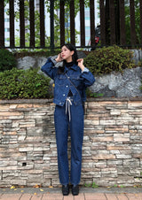 セミワイドフィットストリングポイントダークデニムパンツ/JEON SO MIN SEMI-WIDE FIT STRING POINT DARK DENIM PANTS [17708]