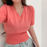 Short Sleeve V-Neck Knit Top
