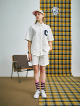 Cパッチユニセックス半袖オクスフォードシャツ / C Patch Short-Sleeved Unisex White Oxford Shirt