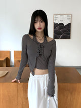 ケイタオールインワンホルターアイレットクロップド長袖Tシャツ / Keita all-in-one halter eyelet cropped long-sleeved T-shirt