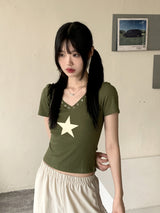 ヒッシャーY2Kスターアイレットフード半袖Tシャツ / Hisher Y2K Star Eyelet Hooded Short Sleeve T-shirt